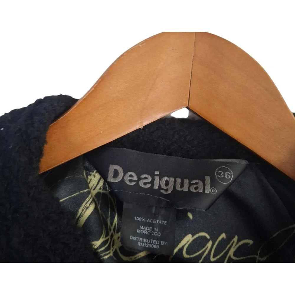 Desigual Black Boucle Wool Blend Floral Pleated Skirt Coat Jacket Womens 36